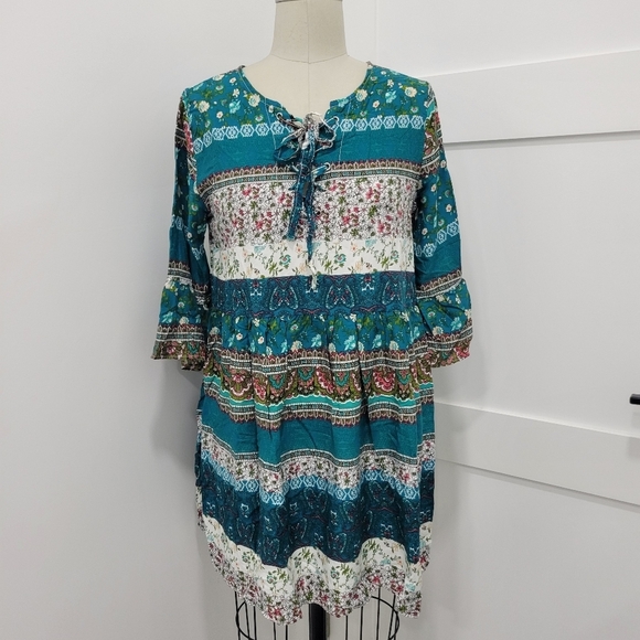 Mokingtop Women's Bohemian Floral  V-neck tied up 3/4 Bell Sleeve Dress M - Picture 2 of 11